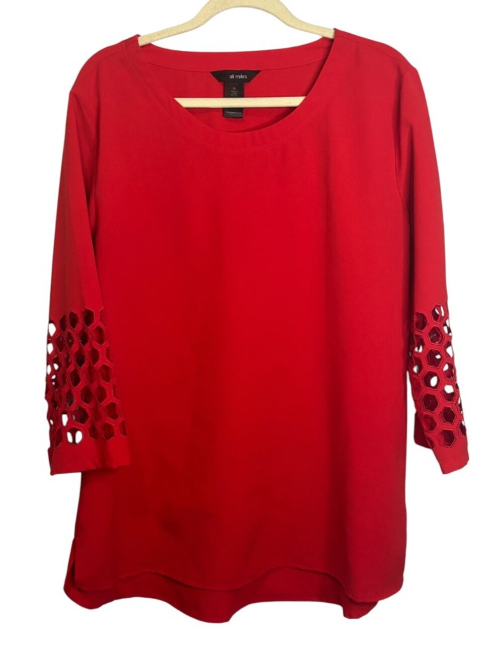 Ali Miles Blouse Women's XL Geometric Cutout Tunic Top 3/4 Sleeves Red